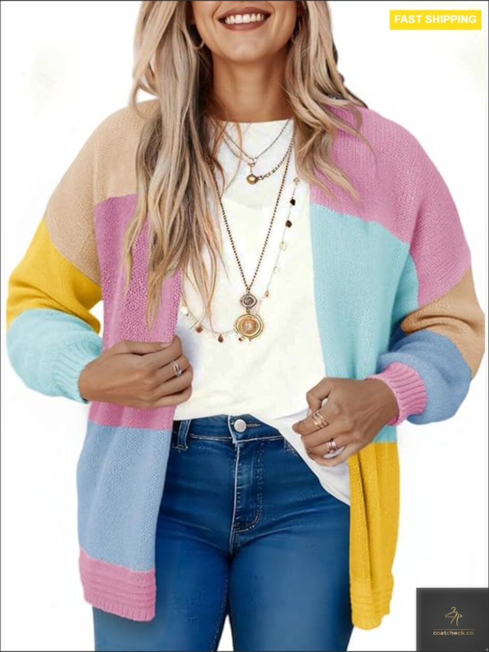 Oversized Color Block Cardigan Chunky Knit Open Front Long Lantern Sleeve Boho